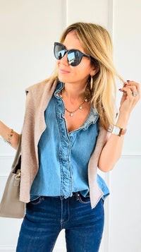 Double Ruffle Sleeveless Denim Blouse - Denim Blue-100 Sleeveless Tops-NoaBoa-Coastal Bloom Boutique, find the trendiest versions of the popular styles and looks Located in Indialantic, FL