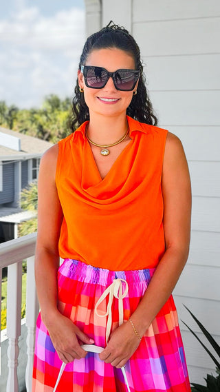 Draped Collar Top -  Neon Orange