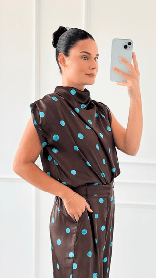 Draped Polka Dot Top - Blue/Brown