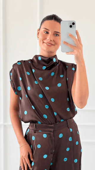 Draped Polka Dot Top - Blue/Brown