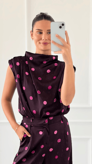 Draped Polka Dot Top - Plum