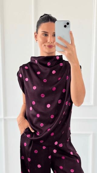 Draped Polka Dot Top - Plum
