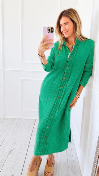 Drift Button Down Midi Dress Shirt - Jade Green