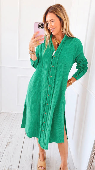 Drift Button Down Midi Dress Shirt - Jade Green