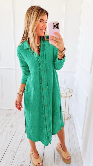 Drift Button Down Midi Dress Shirt - Jade Green