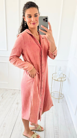 Drift Button Down Midi Dress Shirt - Rose Clay