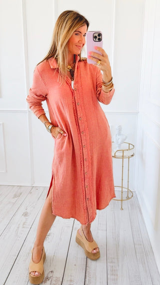 Drift Button Down Midi Dress Shirt - Rose Clay