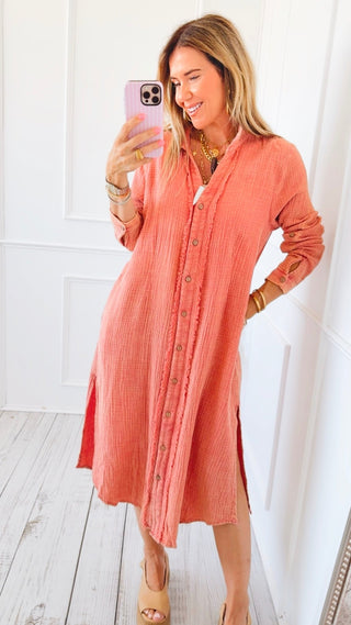 Drift Button Down Midi Dress Shirt - Rose Clay