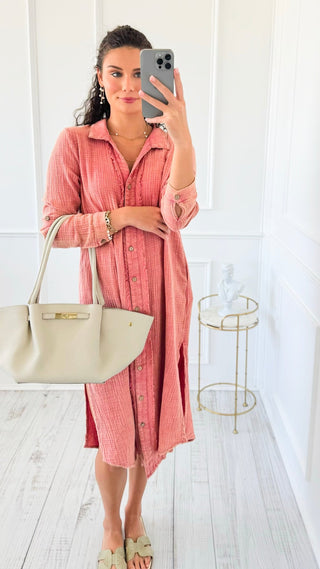 Drift Button Down Midi Dress Shirt - Rose Clay