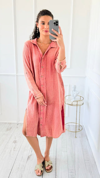 Drift Button Down Midi Dress Shirt - Rose Clay