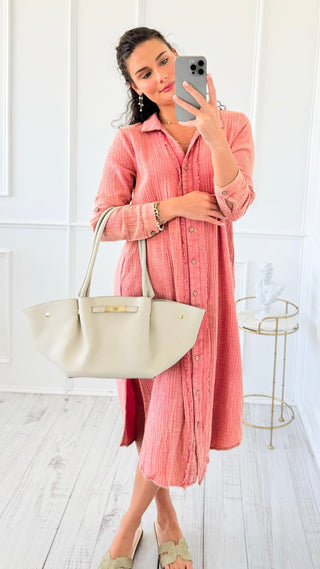 Drift Button Down Midi Dress Shirt - Rose Clay