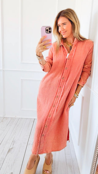 Drift Button Down Midi Dress Shirt - Rose Clay