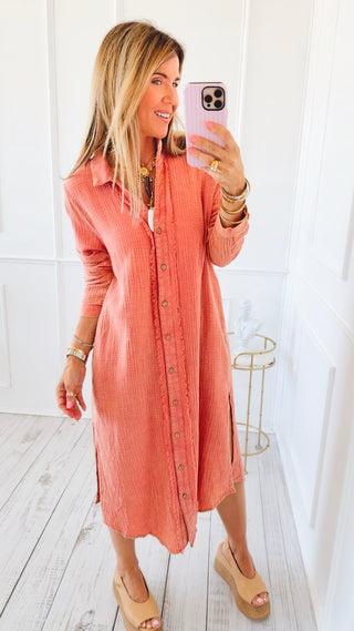 Drift Button Down Midi Dress Shirt - Rose Clay
