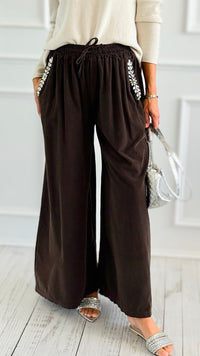 Ease Embellished Corduroy Italian Relaxed Pant- Brown-100 Pants-TATTOO Z-Coastal Bloom Boutique, find the trendiest versions of the popular styles and looks Located in Indialantic, FL