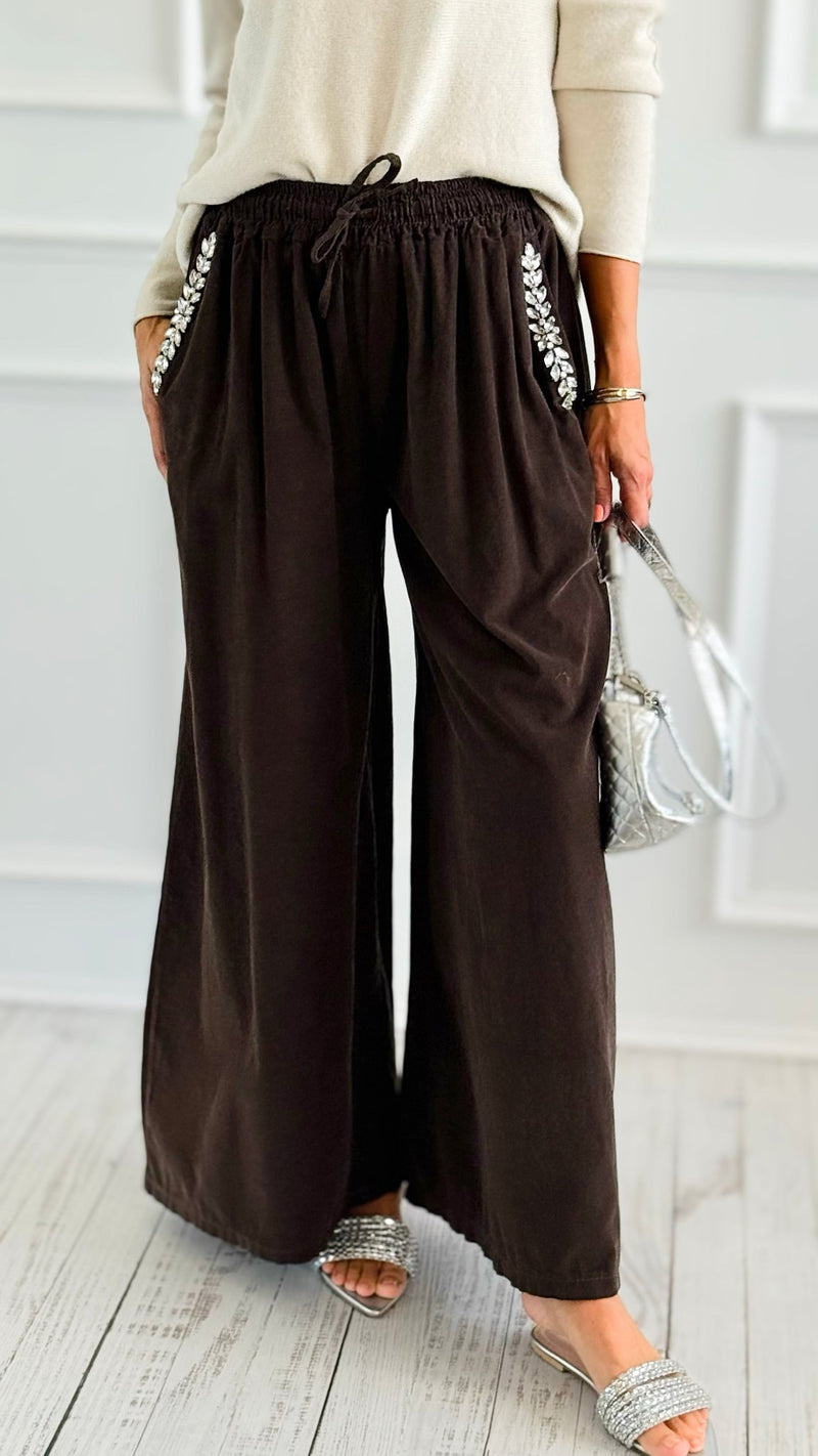 Ease Embellished Corduroy Italian Relaxed Pant- Brown-100 Pants-TATTOO Z-Coastal Bloom Boutique, find the trendiest versions of the popular styles and looks Located in Indialantic, FL
