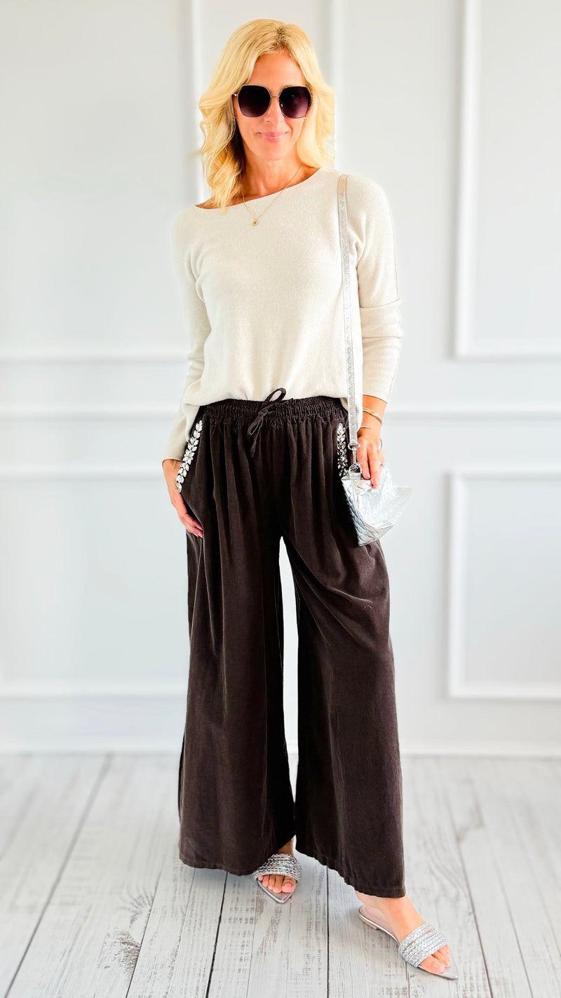 Ease Embellished Corduroy Italian Relaxed Pant- Brown-100 Pants-TATTOO Z-Coastal Bloom Boutique, find the trendiest versions of the popular styles and looks Located in Indialantic, FL