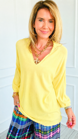 Easy Living Max Collared Italian Knit Top- Yellow