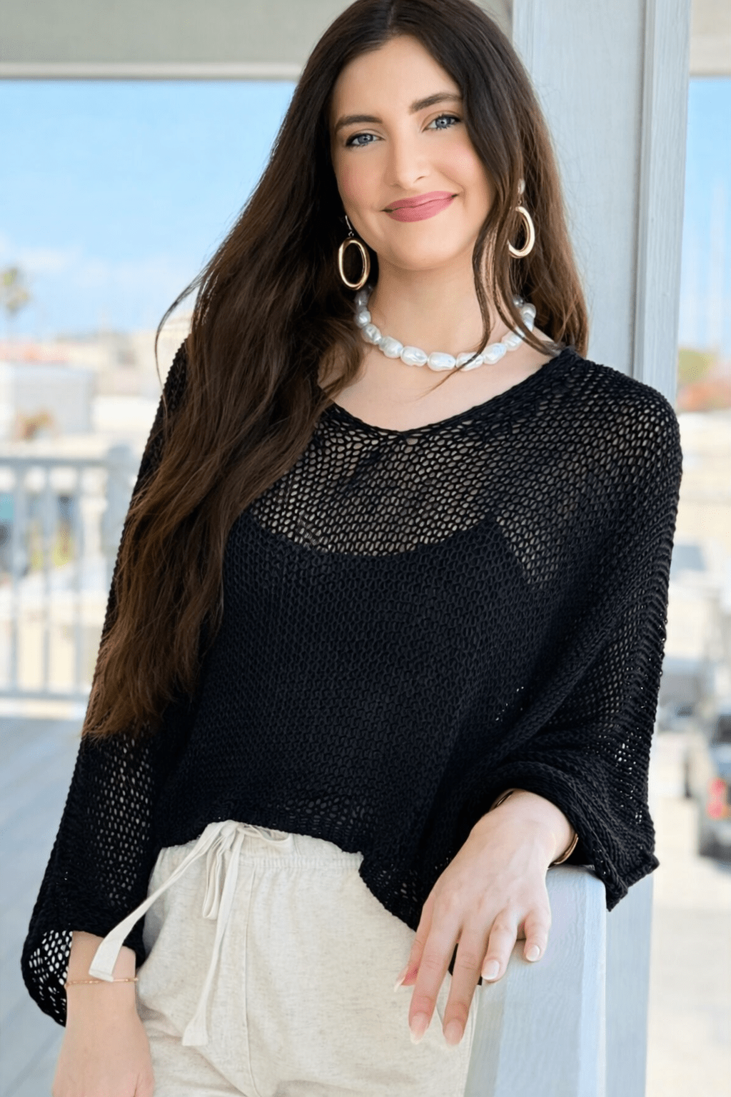Easy Living V- Neck Italian Crochet Top- Black