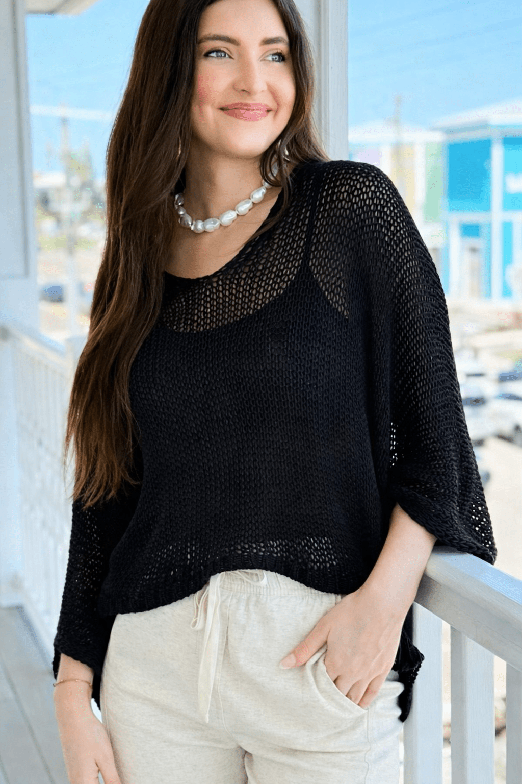 Easy Living V- Neck Italian Crochet Top- Black