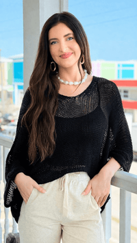 Easy Living V- Neck Italian Crochet Top- Black