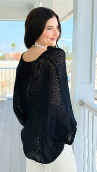 Easy Living V- Neck Italian Crochet Top- Black