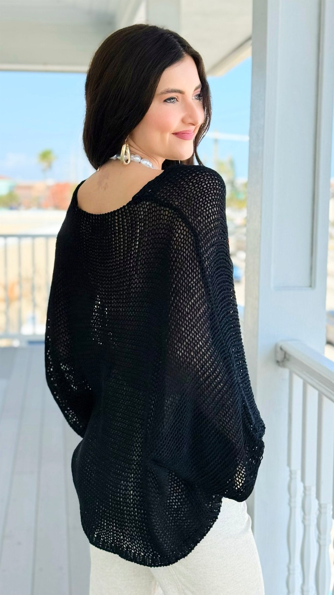 Easy Living V- Neck Italian Crochet Top- Black