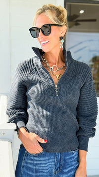 Effortless Elegance Ribbed Half-Zip Sweater - Charcoal-130 Long sleeve top-SO ME-Coastal Bloom Boutique, find the trendiest versions of the popular styles and looks Located in Indialantic, FL