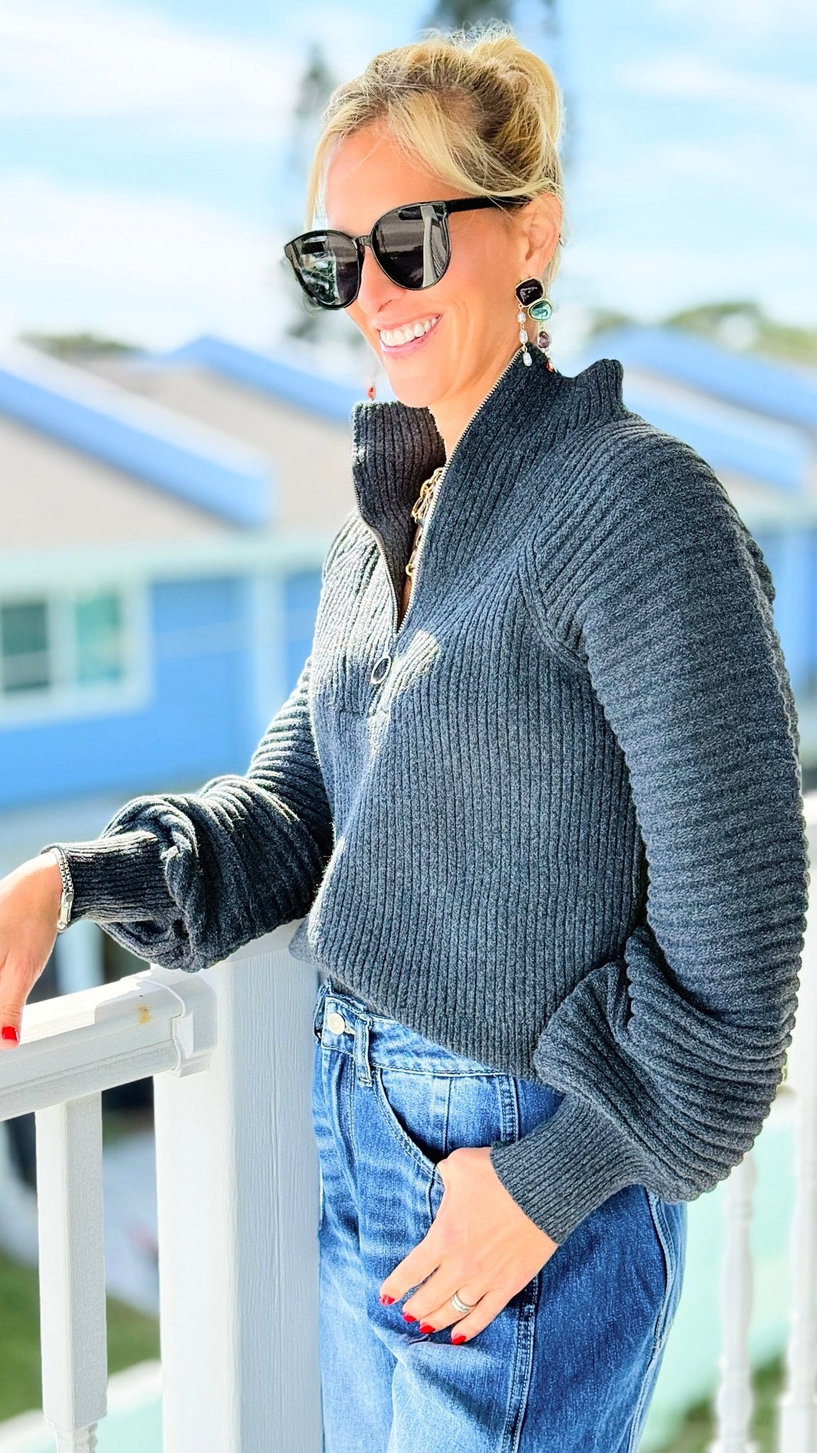 Effortless Elegance Ribbed Half-Zip Sweater - Charcoal-130 Long sleeve top-SO ME-Coastal Bloom Boutique, find the trendiest versions of the popular styles and looks Located in Indialantic, FL
