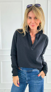 Eileen Cozy Lounge Collar Pullover Top - Black-110 Long Sleeve Tops-MONO B-Coastal Bloom Boutique, find the trendiest versions of the popular styles and looks Located in Indialantic, FL