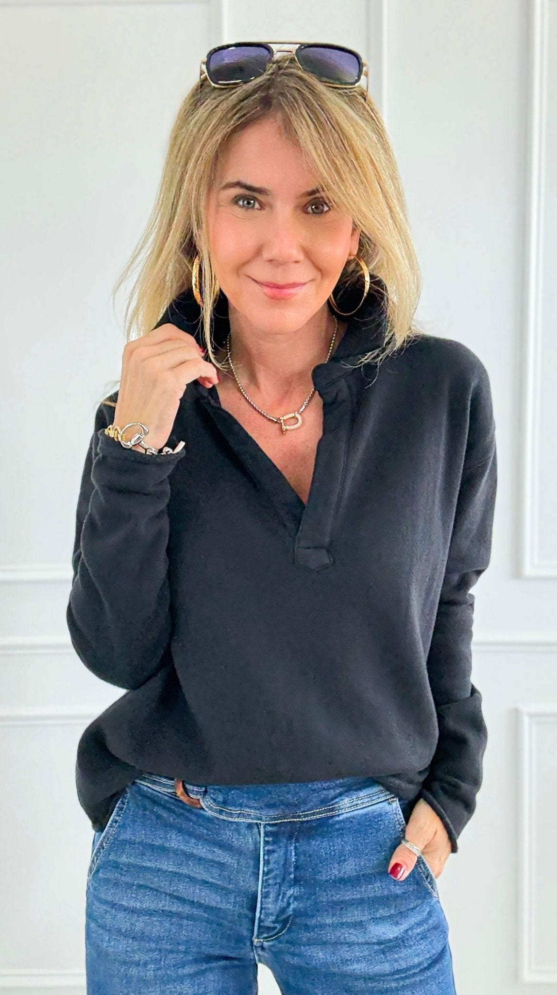 Eileen Cozy Lounge Collar Pullover Top - Black-110 Long Sleeve Tops-MONO B-Coastal Bloom Boutique, find the trendiest versions of the popular styles and looks Located in Indialantic, FL