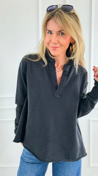 Eileen Cozy Lounge Collar Pullover Top - Black-110 Long Sleeve Tops-MONO B-Coastal Bloom Boutique, find the trendiest versions of the popular styles and looks Located in Indialantic, FL