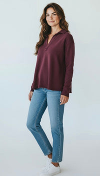 Eileen Cozy Lounge Collar Pullover Top - Dark Plum-110 Long Sleeve Tops-MONO B-Coastal Bloom Boutique, find the trendiest versions of the popular styles and looks Located in Indialantic, FL