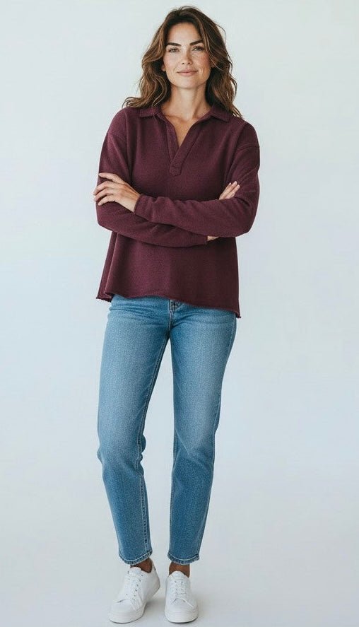 Eileen Cozy Lounge Collar Pullover Top - Dark Plum-110 Long Sleeve Tops-MONO B-Coastal Bloom Boutique, find the trendiest versions of the popular styles and looks Located in Indialantic, FL