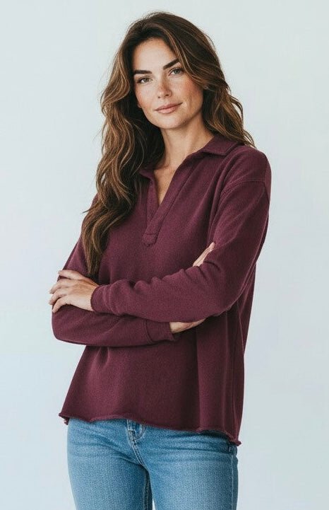 Eileen Cozy Lounge Collar Pullover Top - Dark Plum-110 Long Sleeve Tops-MONO B-Coastal Bloom Boutique, find the trendiest versions of the popular styles and looks Located in Indialantic, FL
