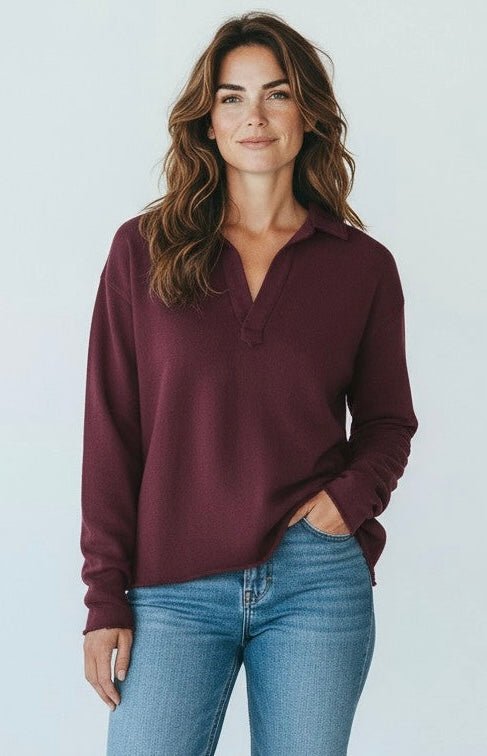 Eileen Cozy Lounge Collar Pullover Top - Dark Plum-110 Long Sleeve Tops-MONO B-Coastal Bloom Boutique, find the trendiest versions of the popular styles and looks Located in Indialantic, FL