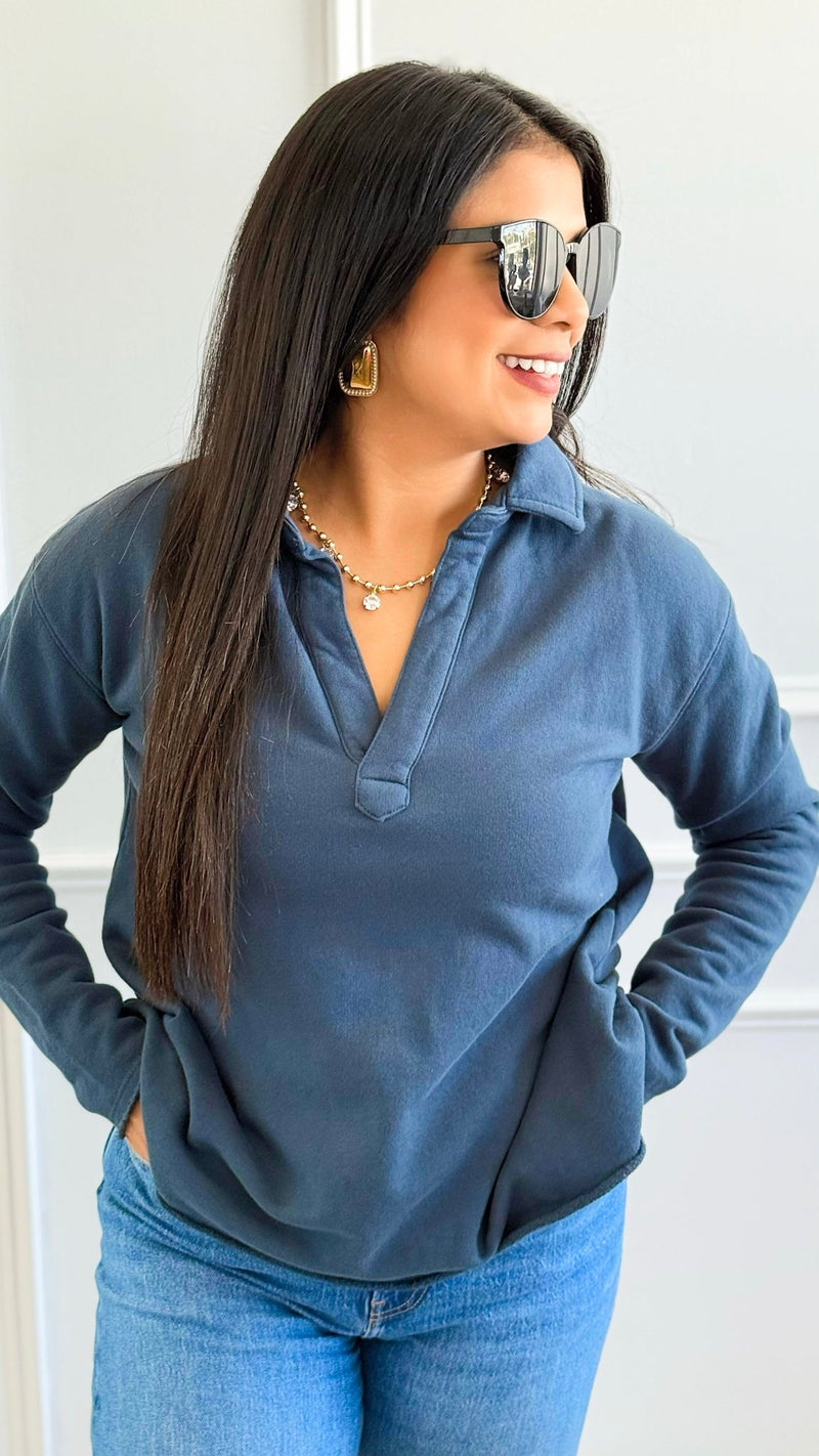 Eileen Cozy Lounge Collar Pullover Top - Midnight Navy-110 Long Sleeve Tops-MONO B-Coastal Bloom Boutique, find the trendiest versions of the popular styles and looks Located in Indialantic, FL