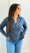 Eileen Cozy Lounge Collar Pullover Top - Midnight Navy-110 Long Sleeve Tops-MONO B-Coastal Bloom Boutique, find the trendiest versions of the popular styles and looks Located in Indialantic, FL