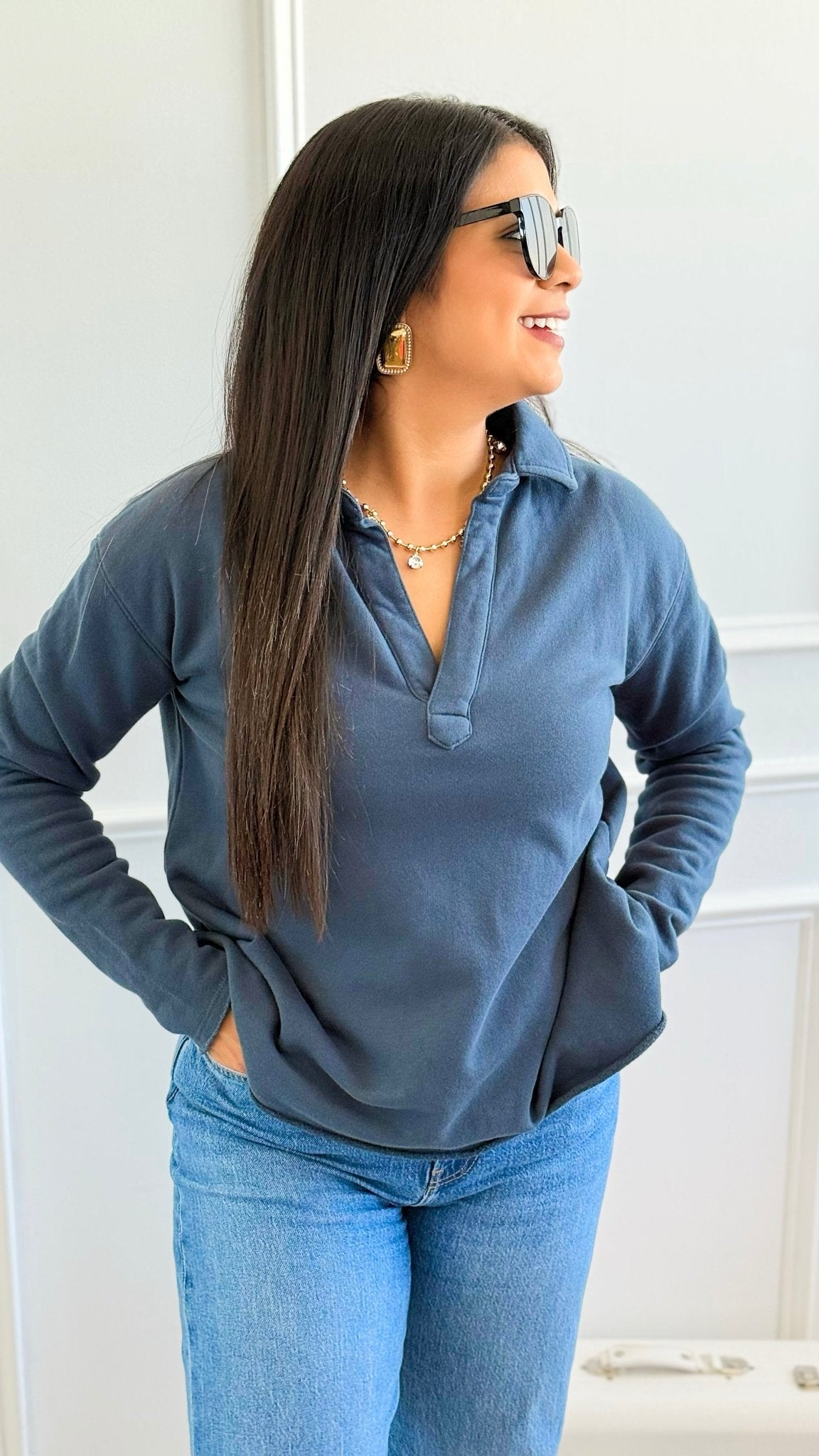 Eileen Cozy Lounge Collar Pullover Top - Midnight Navy-110 Long Sleeve Tops-MONO B-Coastal Bloom Boutique, find the trendiest versions of the popular styles and looks Located in Indialantic, FL