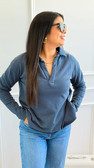Eileen Cozy Lounge Collar Pullover Top - Midnight Navy-110 Long Sleeve Tops-MONO B-Coastal Bloom Boutique, find the trendiest versions of the popular styles and looks Located in Indialantic, FL