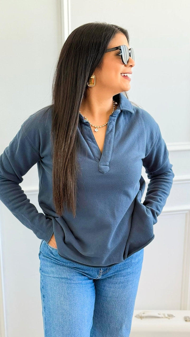 Eileen Cozy Lounge Collar Pullover Top - Midnight Navy-110 Long Sleeve Tops-MONO B-Coastal Bloom Boutique, find the trendiest versions of the popular styles and looks Located in Indialantic, FL
