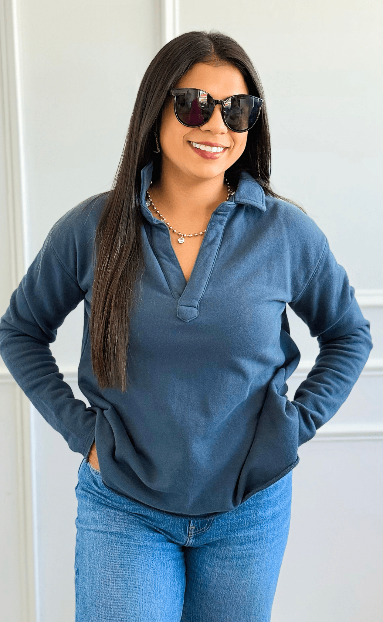 Eileen Cozy Lounge Collar Pullover Top - Midnight Navy-110 Long Sleeve Tops-MONO B-Coastal Bloom Boutique, find the trendiest versions of the popular styles and looks Located in Indialantic, FL