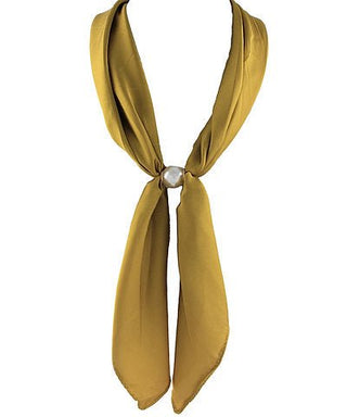 Mustard yellow scarf with a pearl-like knot on a white background