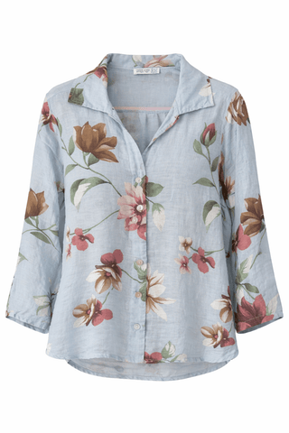 Elegant Petal Linen Italian Button Top- Light Blue