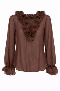Elegant Ruffle Trim Long Sleeve Top - Chocolate