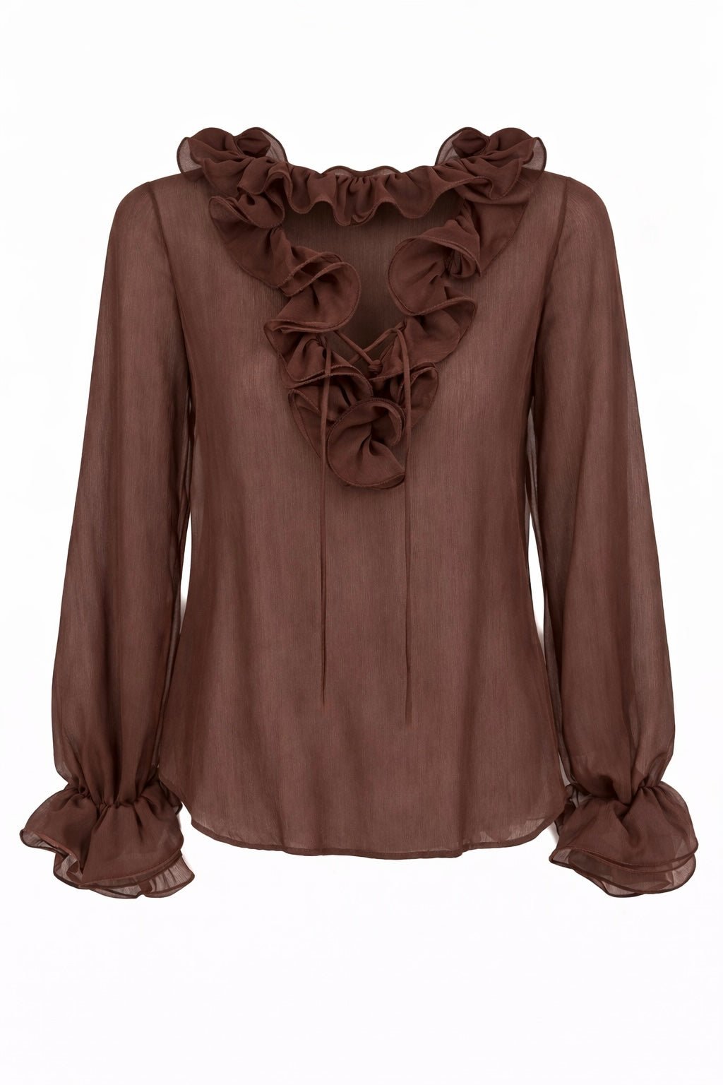 Elegant Ruffle Trim Long Sleeve Top - Chocolate