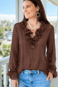 Elegant Ruffle Trim Long Sleeve Top - Chocolate