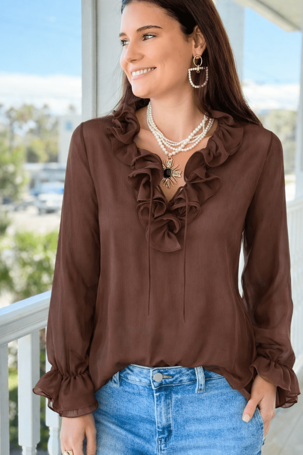 Elegant Ruffle Trim Long Sleeve Top - Chocolate