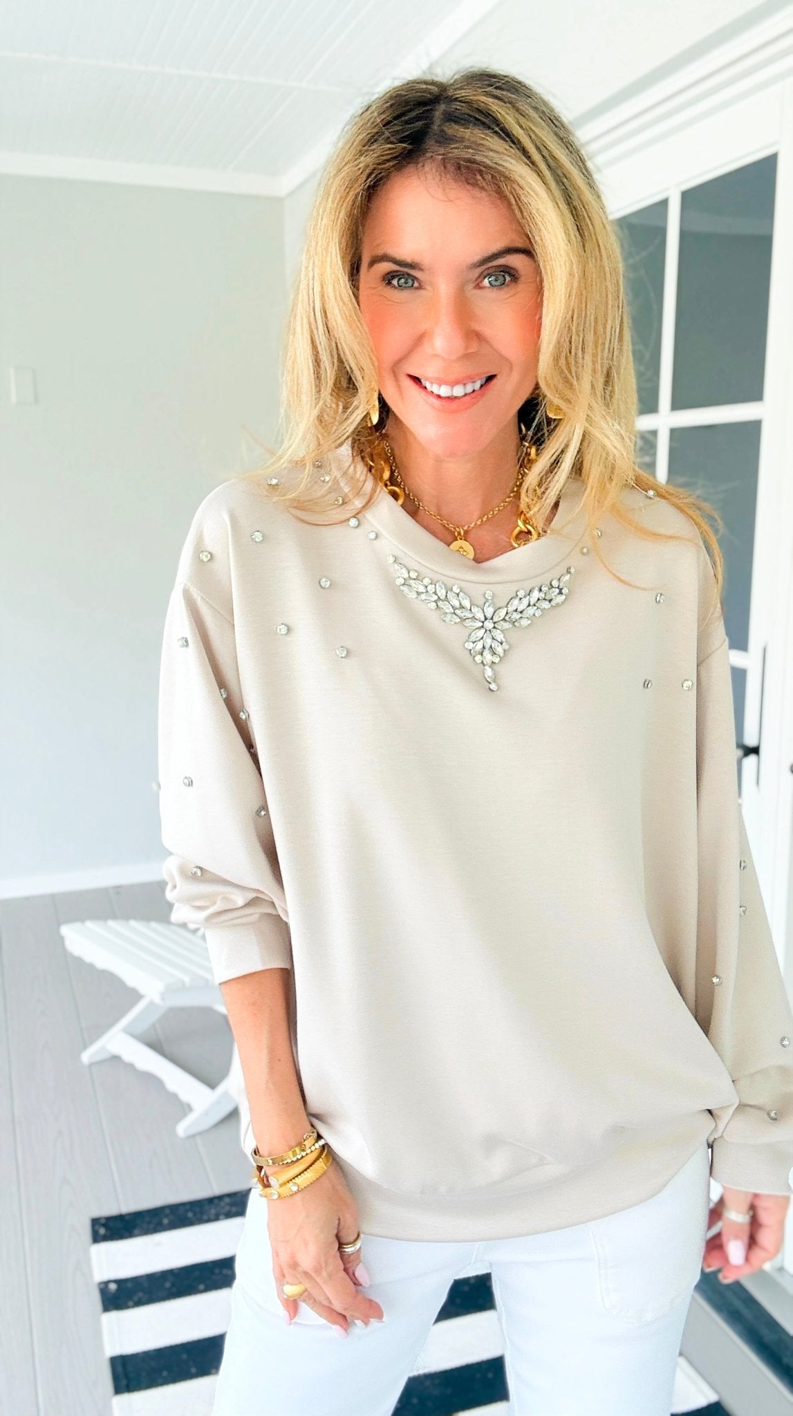 Embellished Detail Italian Sweater- Beige