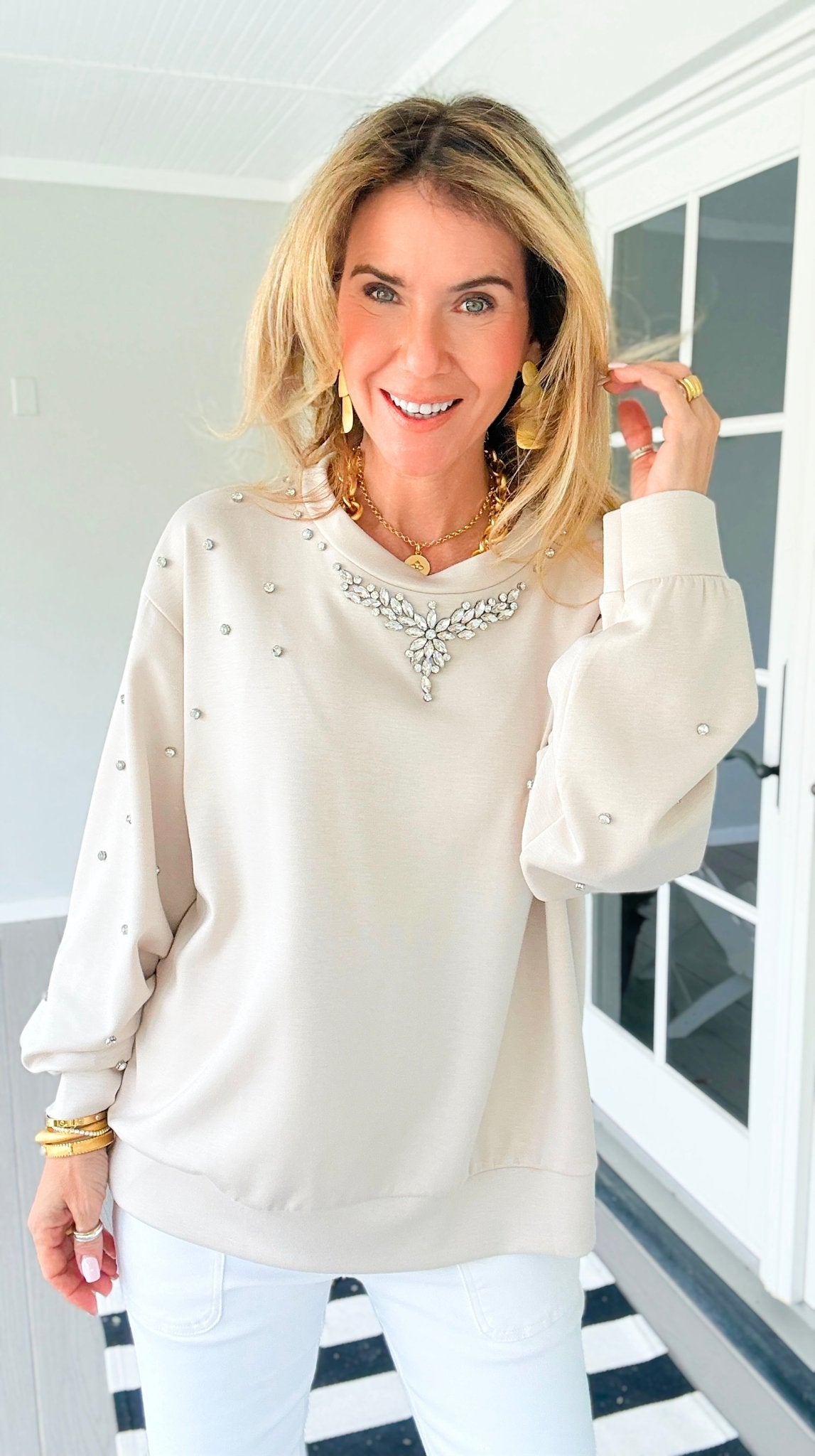 Embellished Detail Italian Sweater- Beige