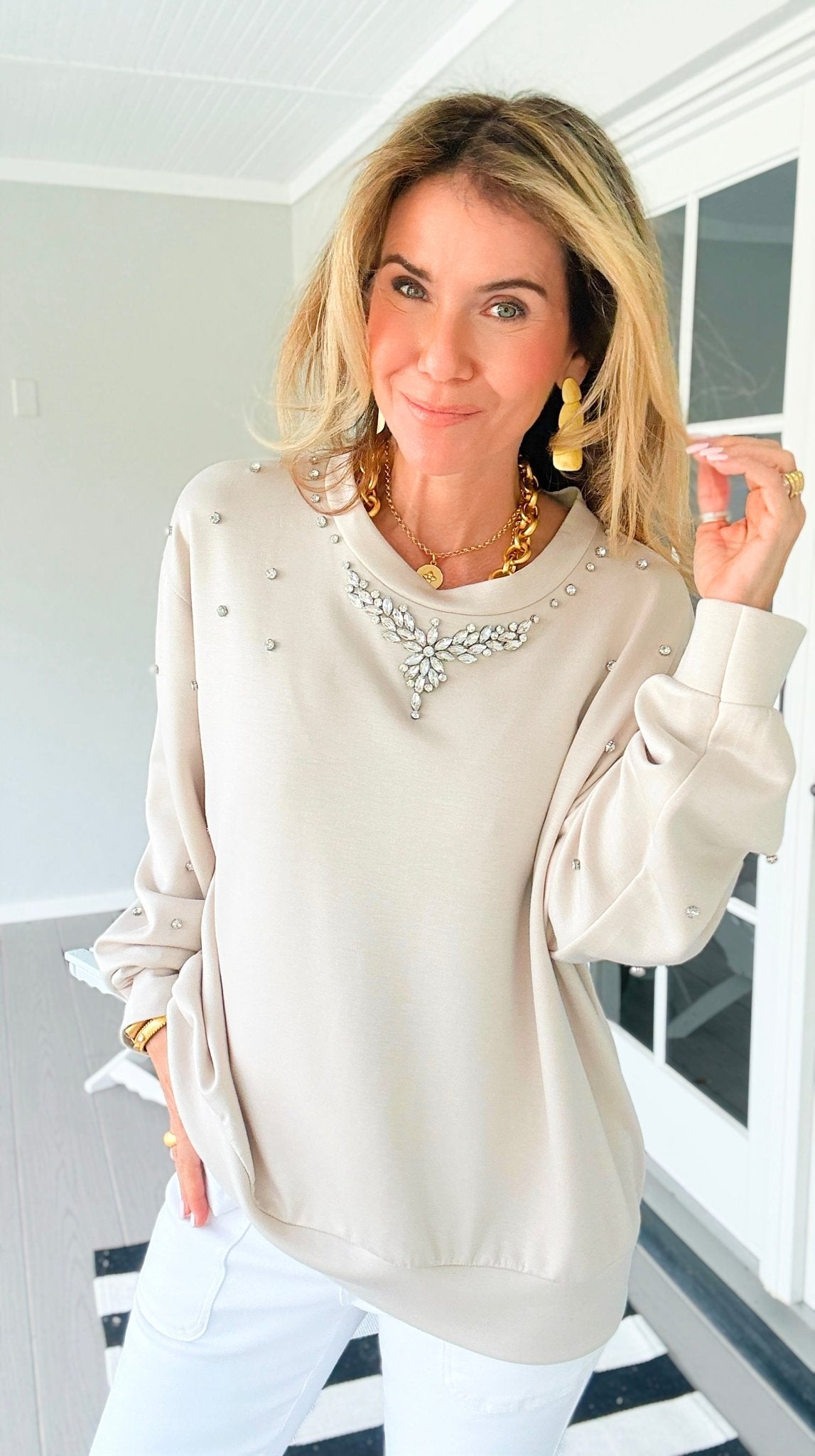 Embellished Detail Italian Sweater- Beige